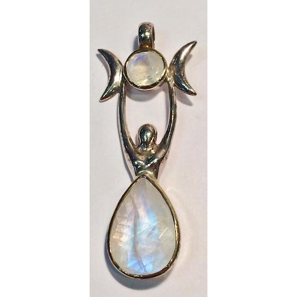 Pendant Goddess 9ct Gold on Silver with Rainbow Moonstone